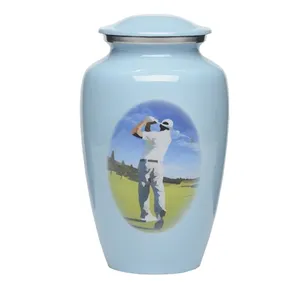 Urna Funeraria Grande Moderna de Metal, Latón Moderno, Aluminio, Color Azul Claro, con Imagen de Golfista, para Cenizas Humanas de Adultos - Product Image 1