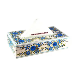 Élégante boîte à mouchoirs en bois fabriquée à la main, peinte à la main avec des motifs floraux bleus complexes, une pièce maîtresse décorative et fonctionnelle - Product Image 1
