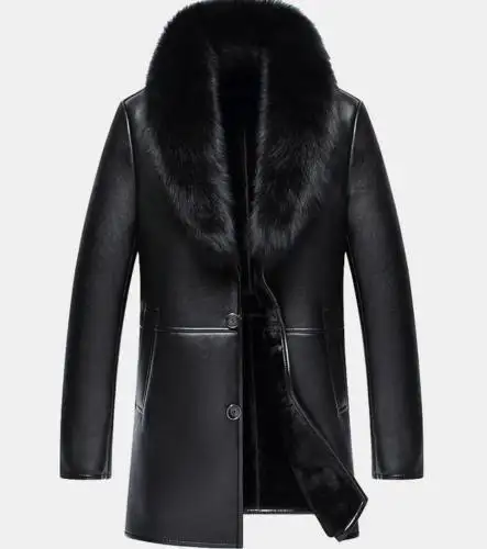 Men Winter Real Leather Coat Big Fur Collar Jacket Thick Warm