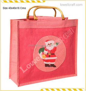Lowellcraft JCH01892 Christmas Santa Printed Jute Shopping <b>Bag</b> with Bamboo Handle Red Color <b>Medium</b> <b>Size</b> - Product Image 2