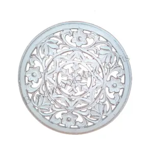 White Wash Color MDF Hand-Carved Round Decorative Wall Panel for Rooms & Office Decor - Crafted in India For Wholesale Buyers
