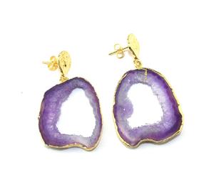 Boucle d'oreille en laiton plaqué or 24K, 1 pièce, naturelle, bleue, fleur de géode, nouveau design, fait à la main, bohème - Product Image 2