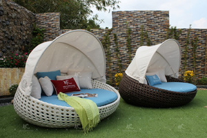 Vòng sang trọng Sun <span class=keywords><strong>Lounger</strong></span> với tán ngoài trời Vườn mây đồ nội thất gỗ khung nhôm PE vải chất liệu cho hồ bơi bãi biển khách sạn - Product Image 3