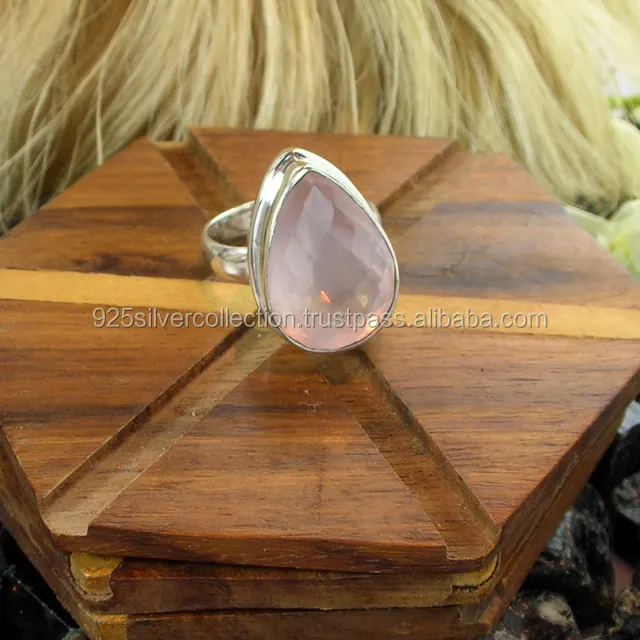 Designer Natural Rose Quartz Stone Semi-Precious Gemstone 925 Sterling Silver Ring Jewelry