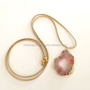 24นิ้ว unisex Agate ยาว Agate Slice ฟรีชุบนิกเกิลโซ่ทองเหลืองจี้สร้อยคอหมั้นของขวัญครบรอบปาร์ตี้ - Product Image 3