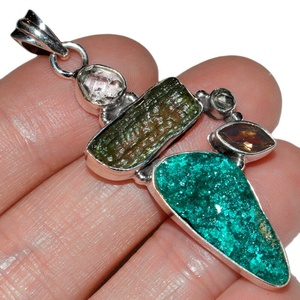 Colgante de Plata de Ley 925 con moldavita, colgante de estilo bohemio con piedra moldavita curativa rugosa - Product Image 5