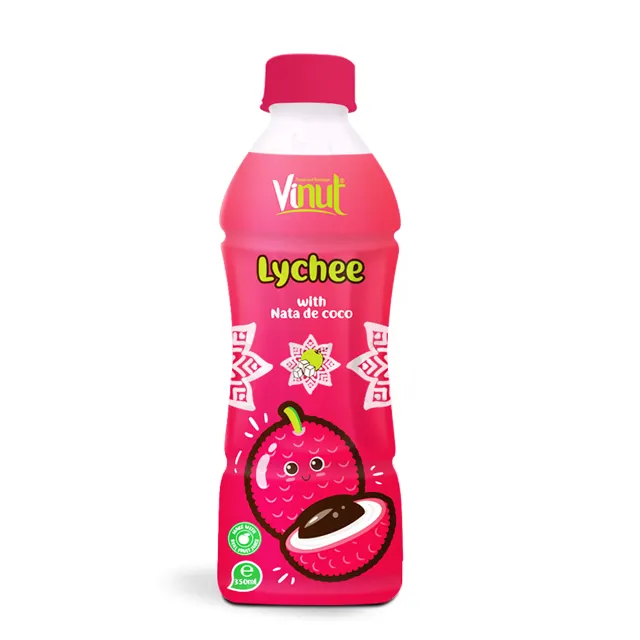 High Quality Fruit Juice 350ml Plastic Bottled Lychee Juice with nata de coco Manufacturer From Vietnam