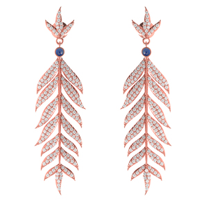 Dernier modèle Boucles d'oreilles en or rose 14 carats avec saphir bleu et pierre précieuse pavé de feuilles en diamant - Product Image 1