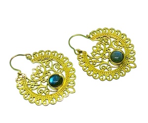 À la mode en laiton cerceau pierre boucle d'oreille finition Labradorite naturelle beau Look à la mode Designer hauts boucles d'oreilles faites à la main - Product Image 2