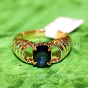 Bague de fiançailles de mariage pour homme en or jaune 14 ct et saphir bleu avec serti de barre-Cadeau d'anniversaire - Product Image 1