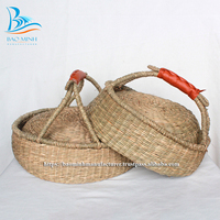 Panier de rangement Bolga en jonc de mer naturel, fait main, écologique, avec poignée, forme bol rustique, usage polyvalent, Hanoi