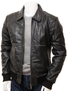 Blouson aviateur en cuir de vachette noir, résistant à l'eau, respirant, avec poche latérale, uni, pour homme, avec doublure. - Product Image 3