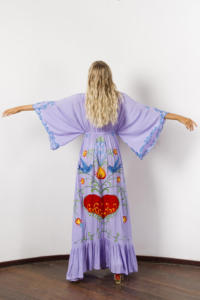 Maxivestido bordado a mano para mujer, Color lavanda, bordado a mano, con cordón, cintura elástica, manga acampanada, caftán largo - Product Image 5