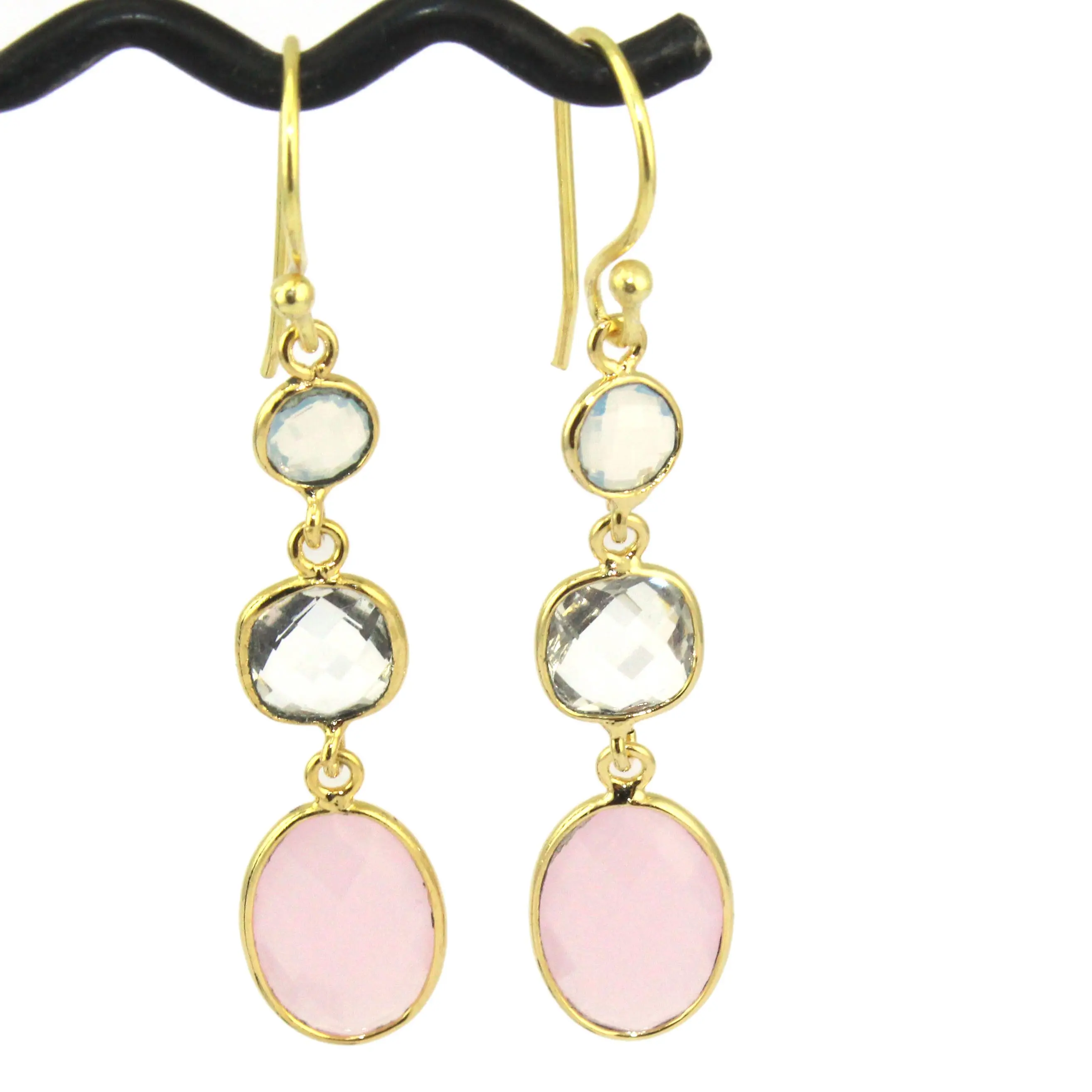 Trendy selling clear quartz & pink chalcedony bezel earring brass gold plated earring three stone drop dangle handmade earrings