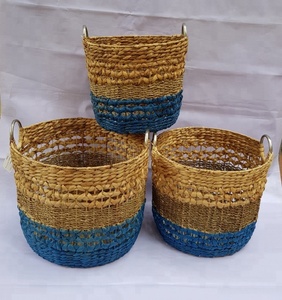 Braided Yarn Mix Blue Line Water Hyacinth <b>Basket</b> <b>with</b> <b>Handles</b> Suitable for Storage Clothes - Product Image 3