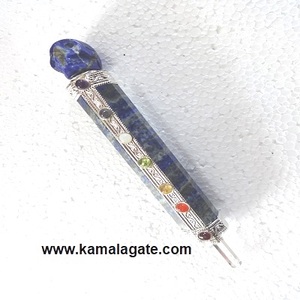 Gemstone Chakra Reiki varitas curativas Lapiz Lazuli con siete Chakras y calavera tallada artesanía de cristal hecha a mano a la venta - Product Image 1