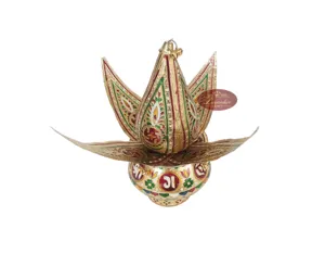 GANESHA PROGETTATO S.S. MEENAKARI KALASH-COCONUT con 4 FOGLIE-G.M. (10 "x 5.5" x 5.5 "POLLICI)