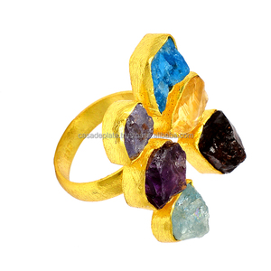 Multi Rough Gemstone 925 Anillo de plata al por mayor Joyería hecha a mano Chapado en oro Forma de flor Anillo de moda Fabricación al por mayor - Product Image 1