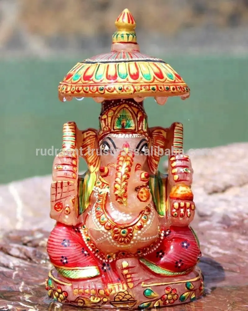 2023 TopTrending Indian Spiritual Painted Gemstone Rose Quartz Carved Ganesha Handcrafted Figurine Statue OEM