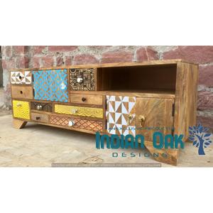 Armario de TV con pinturas indias de madera rústica, soporte de TV, mesa de TV - Product Image 3