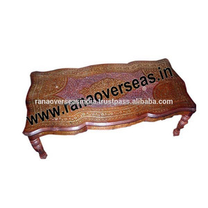 <b>Rectangle</b> Side <b>Coffee</b> <b>Table</b> in Wood With Brass Inlay and Carved Design for Bed Room & Hotel - Product Image 2