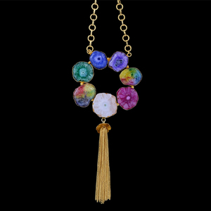 Venta al por mayor de moda Solar Druzy Collar para mujer largo oro relleno flecos borla hecho a mano latón bodas compromisos regalos - Product Image 2