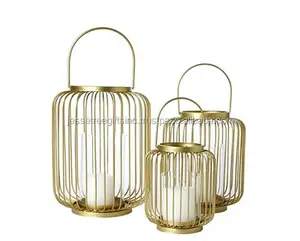 New Style Metal Wire Lantern Style Candle Holder With Gold Powder Coating Finishing Round Shape Cage Design For Home Decoration