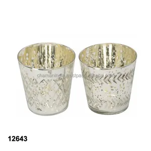 Soporte de luz de té de plata antigua, cristal de mercurio, vela votiva