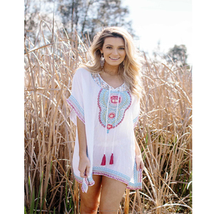 White Boho Floral Embroidered Breathable Chiffon <b>Kaftan</b> Dress with Tassel Details Loose Fit O-Neck <b>Summer</b> Mini Casual Wear - Product Image 1