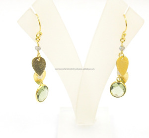 Natural Green Amethyst Quartz Gemstone Oval Shape Gold Plated Jewelry Leaf Design Beaded Rosary <b>Chain</b> <b>Hoop</b> <b>Earring</b> Set - Product Image 5