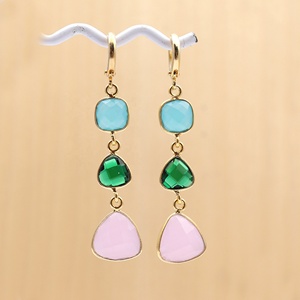 Pendientes de piedras preciosas de cuarzo de calcedonia y esmeralda hechos a mano, conjunto de pendientes de aro chapados en oro, aretes largos colgantes - Product Image 2