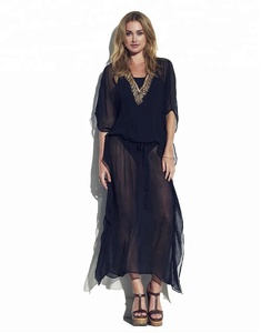 Venta al por mayor perfecto para la playa diseñador trabajo hecho a mano alto cuello en V largo Poly gasa Maxi vestido con cuentas Kaftan colección de moda de verano - Product Image 1