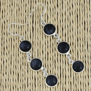 Boucles d'oreilles pendantes en argent sterling 925 de forme ronde de sable bleu Bijoux Boucles d'oreilles plaquées argent à la mode pour femmes. - Product Image 3
