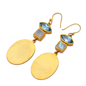 Pendientes colgantes hechos a mano con piedra lunar arcoíris de Topacio Azul, joyería de plata 925 con chapado en oro, pendientes colgantes de moda para mujer - Product Image 1