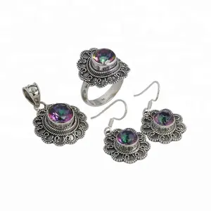 Gemstone Jewelry Sets for Women Fashion Earring Pendant Ring Set Wholesale Silver Mystic Quartz