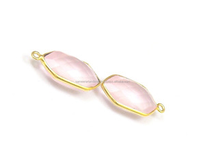 Quartz rose pierre précieuse 10x18mm 925 lunette simple caution à facettes forme hexagonale plaqué or à la main Boho connecteur fabrication de bijoux - Product Image 6