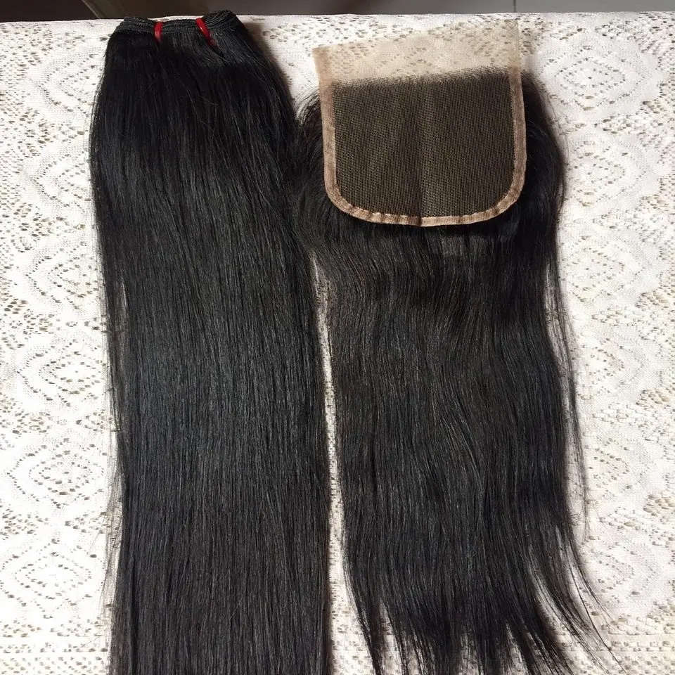 Tissage de cheveux indiens naturels, livraison gratuite, cheveux humains, lisses, avec lace closure transparente, 4x4