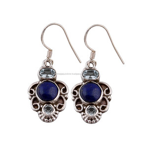 925 Sterling Silver Lapis Lazuli Wedding Gift Blue Topaz Gemstone Drop Dangle Earrings Wholesale Handmade Fine Jewelry - Product Image 2