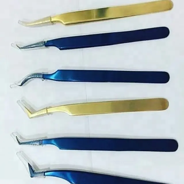 Пинцет для наращивания ресниц с плазменным покрытием, золотистый и синий цвета