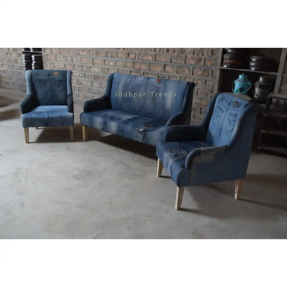 Hospitality Fancy Style New Model Denim Design Three Seater Sofa for Living Room