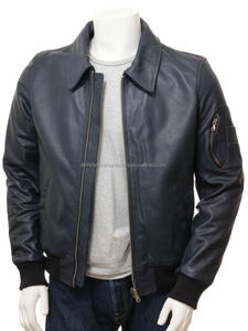 Venta al por mayor chaqueta de bombardero de cuero azul unisex de alta calidad de piel de oveja Vintage cremallera personalizada bolsillo de poliéster liso de talla grande de invierno - Product Image 3
