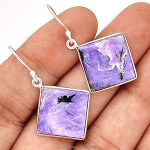 Boucles d'oreilles en argent sterling massif 925 Design floral chic Boucles d'oreilles en pierres précieuses Charoite naturelle Boucles d'oreilles en argent de haute qualité pour les femmes - Product Image 1