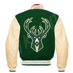 Chất Lượng Cao Thêu BUCKS Màu Xanh Lá Cây Kem 100% Len Cơ Thể Mens Bóng Chày/Letterman PU Tay Áo Varsity Jacket - Product Image 2