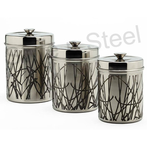 Stainless Steel Storage Canister Set Kitchen Canister Set <b>Tea</b> <b>Coffee</b> <b>Sugar</b> Etching Design Canister Set With Knob Lid - Product Image 1