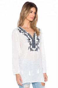 Summer Fashion New Design Long-<b>Sleeve</b> Beautiful Hand Embroidery <b>Shirts</b> New Pattern V-Neck With Long Tassels Casual Wear Top - Product Image 2