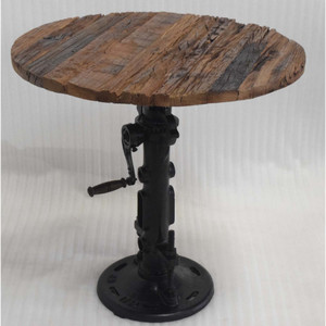 Mesa de comedor urbana moderna de estilo Loft Industrial, Base de elevación manual de hierro fundido con parte superior redonda de madera vieja para uso en cafetería doméstica al aire libre - Product Image 5