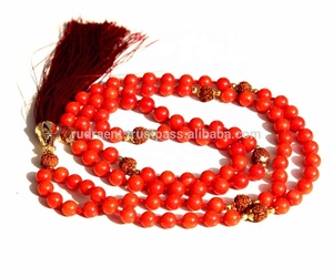 Collar de cuentas de Rudraksha Mala de Coral rojo bohemio Unisex, 6mm, borla de piedras preciosas semipreciosas, fiesta hinduismo, regalo de moda elegante - Product Image 2