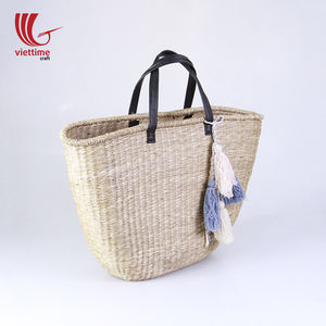 Algas Marinas de paja tejida Bolso tote de playa con manija de cuero borla/paja bolso de playa venta al por mayor - Product Image 1