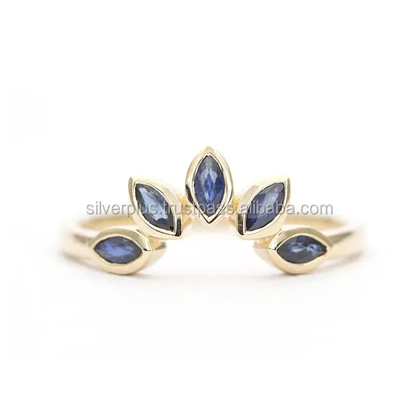 Solid 14K Geel Goud Echt Blue Sapphire Gemstone Engagement Ring Groothandel Fabrikant Gouden Sieraden Leverancier
