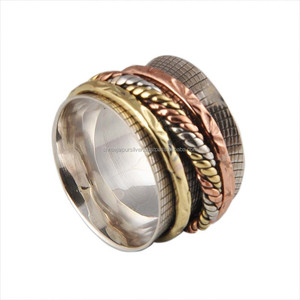 925 Sterling Silver Mixed Metal Gemstone <b>Spinner</b> <b>Ring</b> Wholesale Brass Copper Textured Wide Band Meditation Anxiety Party <b>Ring</b> - Product Image 1